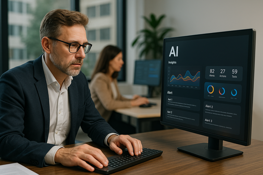 Office worker using AI analytics dashboard to assist with data-driven tasks while collaborating with a colleague in a modern workspace