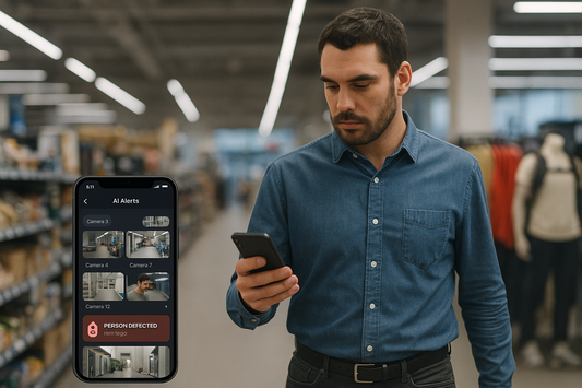 Retail owner watching real-time alerts on mobile while walking store
