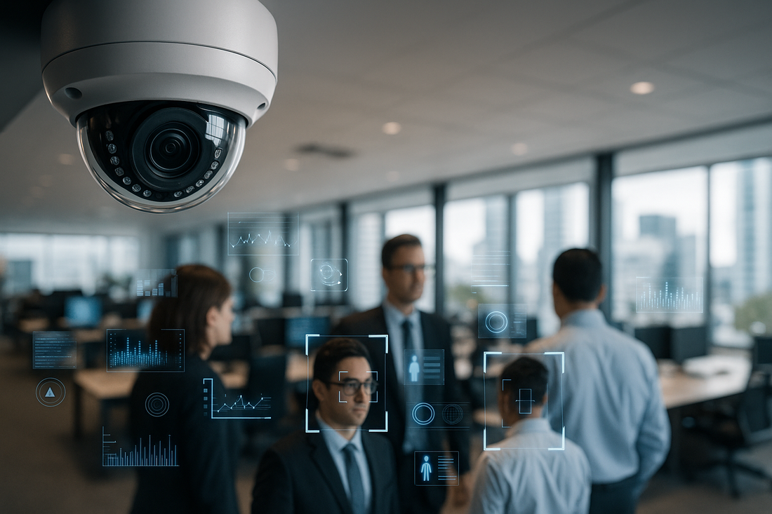 AI-powered dome camera monitoring a modern office with holographic data overlays analyzing people and visualizing real-time video analytics.