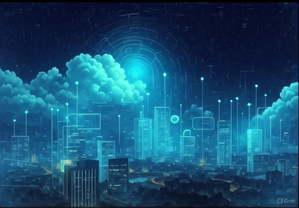 Futuristic city skyline at night with glowing skyscrapers connected by vertical light lines reaching into the clouds, symbolizing adaptive AI surveillance and cloud intelligence integration.