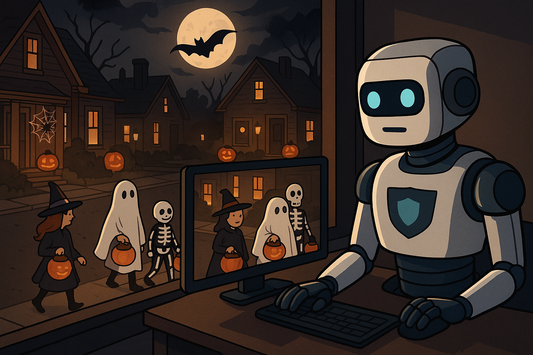 Robot sitting at a desk with a computer screen displaying Halloween-themed images, with pumpkins and costumes in the background.