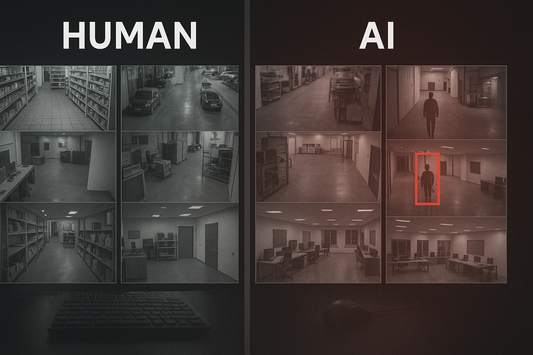 Side-by-side comparison of AI vs human attention span on video feeds- Human vs AI attention in real-time surveillance tasks