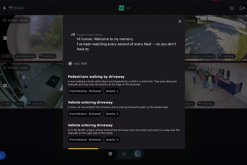 Security camera feed with event logs displayed on a screen - ArcadianAI web interface