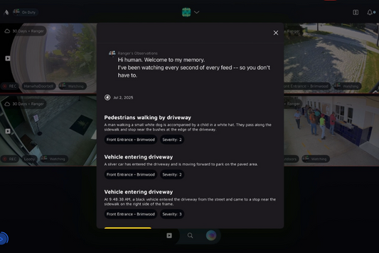 Security camera feed with event logs displayed on a screen - ArcadianAI web interface