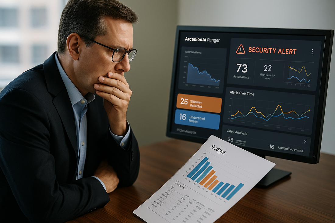 Business executive looking at a budget chart overlaid with a security
