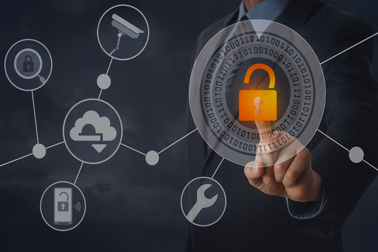 Business professional touching a glowing orange padlock icon on a futuristic digital interface, surrounded by connected icons of CCTV, cloud storage, mobile security, and tools, symbolizing the convergence of cyber and physical security.