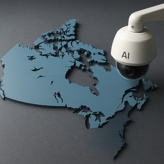 AI security camera on a map of Canada with a dark background