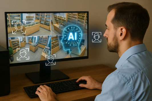 A cannabis security professional reviews AI-powered surveillance footage on a desktop monitor, displaying facial recognition overlays and multiple camera angles from inside a cannabis dispensary