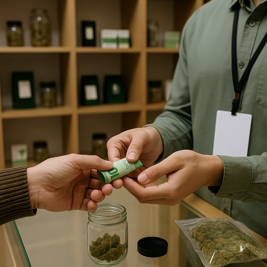 A close-up of a customer handing a rolled-up $10 Canadian bill to a cannabis store employee, with cannabis products and glass jars visible in the background on wooden shelves.