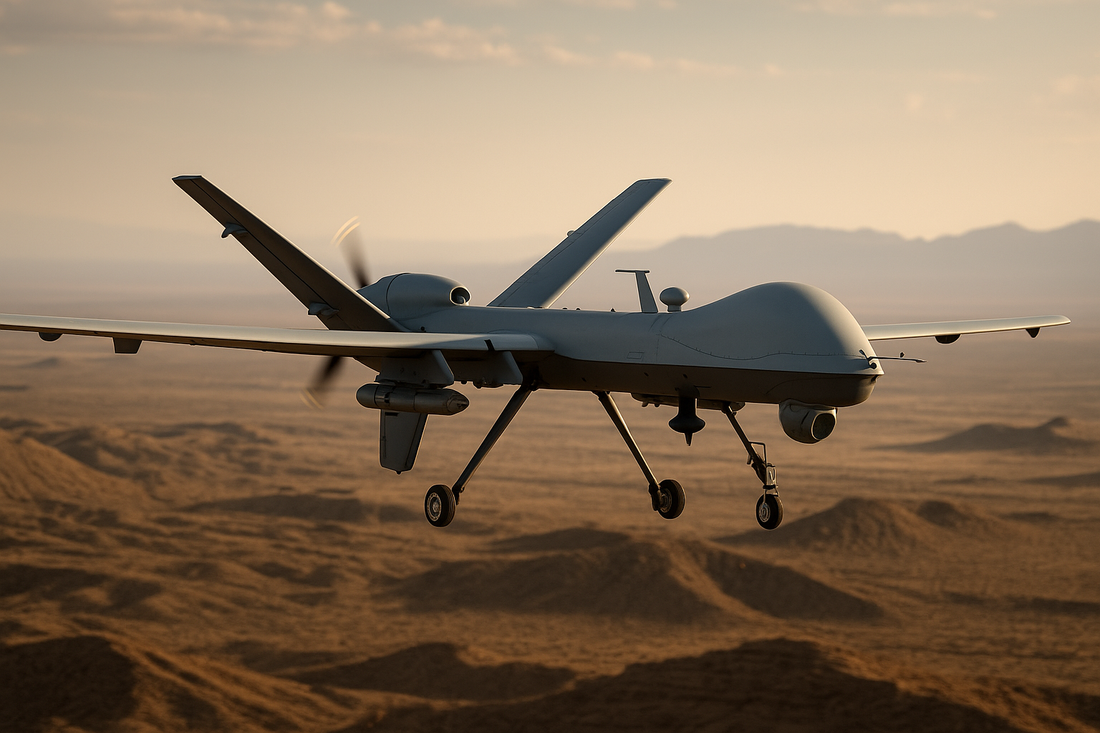 Military drone flying over desert terrain - MQ-9 Reaper UAV on military mission