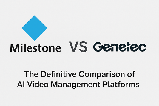 Side-by-side comparison of Milestone and Genetec AI video platforms with logos