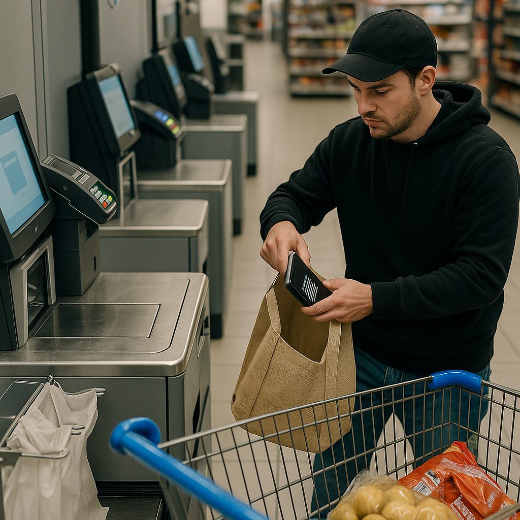 Man in black hoodie and cap at a grocery store self-checkout discreetly placing an unpaid item into a beige tote bag, with a shopping cart of groceries in front of him, unaware he is being monitored by surveillance cameras