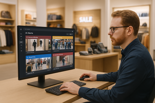 Security professional monitors AI surveillance alerts on a computer in a retail store with clothing racks and a visible SALE sign.