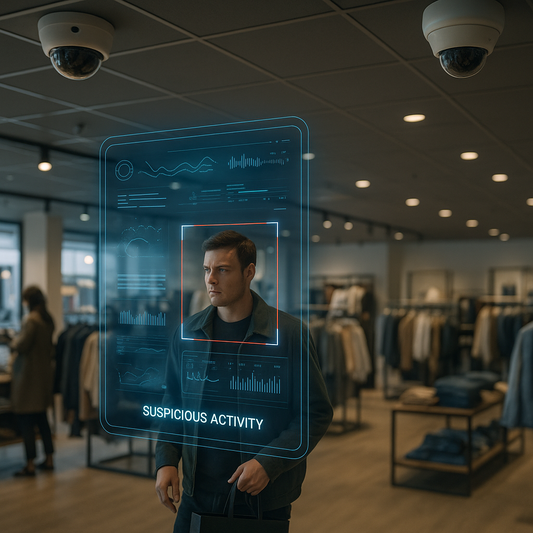 Retail store under surveillance with AI interface analyzing shopper behavior and identifying suspicious activity
