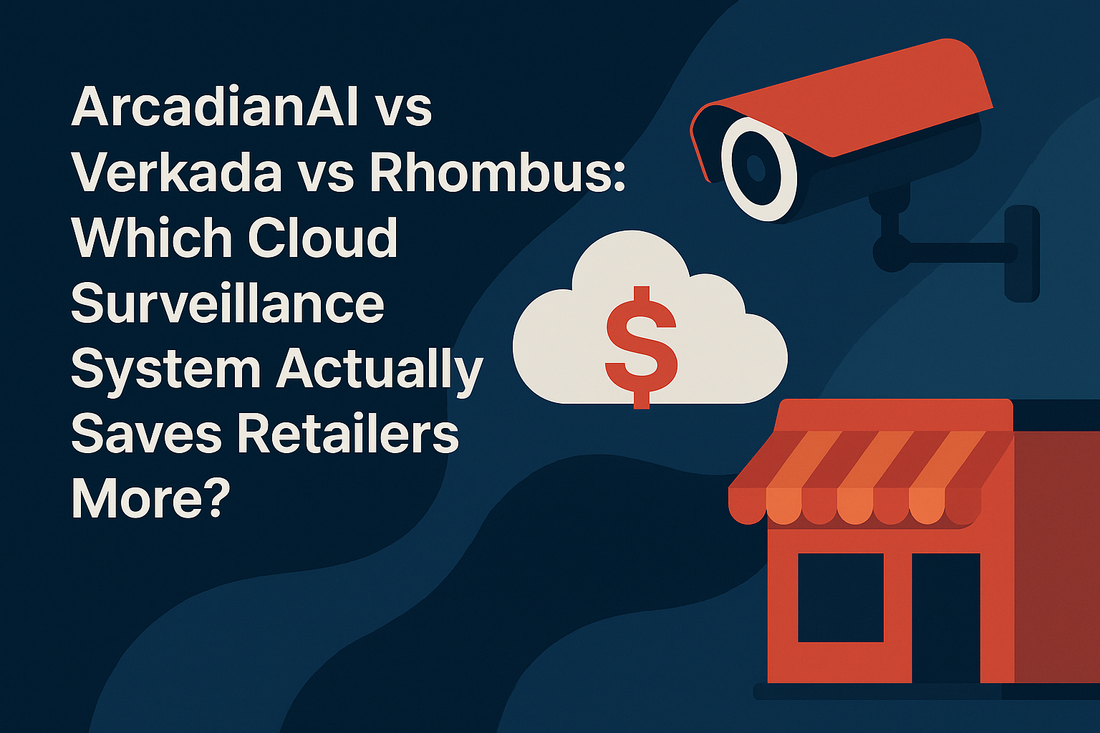 Illustration comparing cloud surveillance providers, featuring a security camera, a dollar sign inside a cloud, and a retail storefront—visually representing ArcadianAI vs. Verkada vs. Rhombus and the question of which system saves retailers more