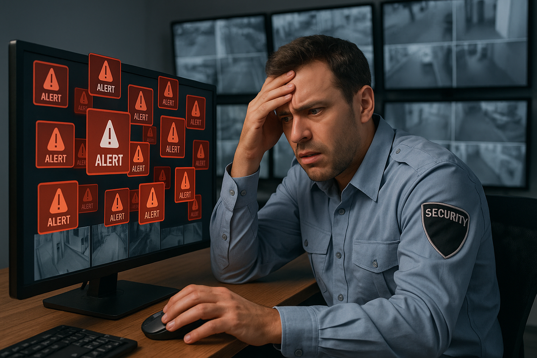 A frustrated security guard in a modern control room stares at a monitor overwhelmed with numerous red alert notifications, showing signs of confusion and stress while surrounded by multiple surveillance screens.