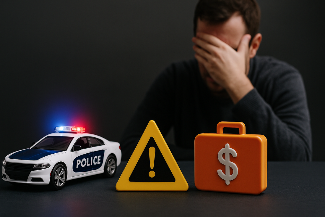 Stressed man in background with toy police car, warning sign, and dollar briefcase in foreground, symbolizing false alarm costs.