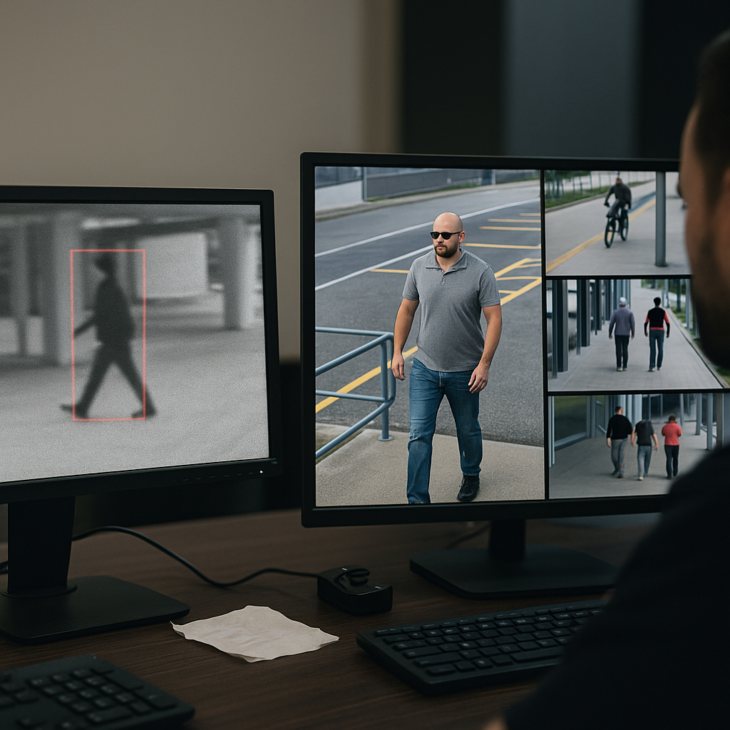A composite digital photograph displays two monitors on a security desk—one shows a blurry motion-detection camera image of a person walking, while the other shows a clear AI-powered surveillance feed with multiple angles and detailed visuals.