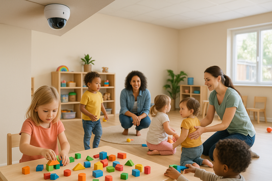 Daycare center with young children playing and interacting under the supervision of two caregivers, all being discreetly monitored by a ceiling-mounted AI security camera in a bright, safe environment.
