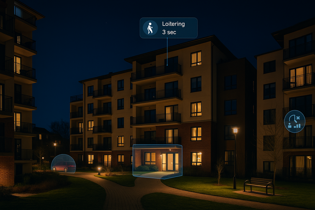 AI-powered surveillance monitoring a modern residential apartment complex at night, with smart detection zones over entry points and parked vehicles, highlighting loitering behavior and virtual patrol coverage.