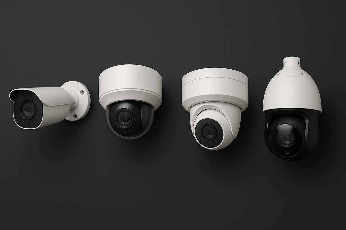 Four types of security cameras—bullet, dome, turret, and PTZ—aligned against a dark background, showing distinct shapes and lens structures for comparative visual reference.