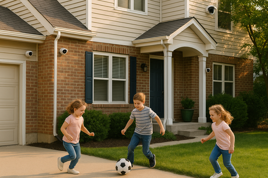 Children playing soccer in front of a North American suburban home with multiple outdoor security cameras mounted on the house exterior, capturing the yard and entrance area