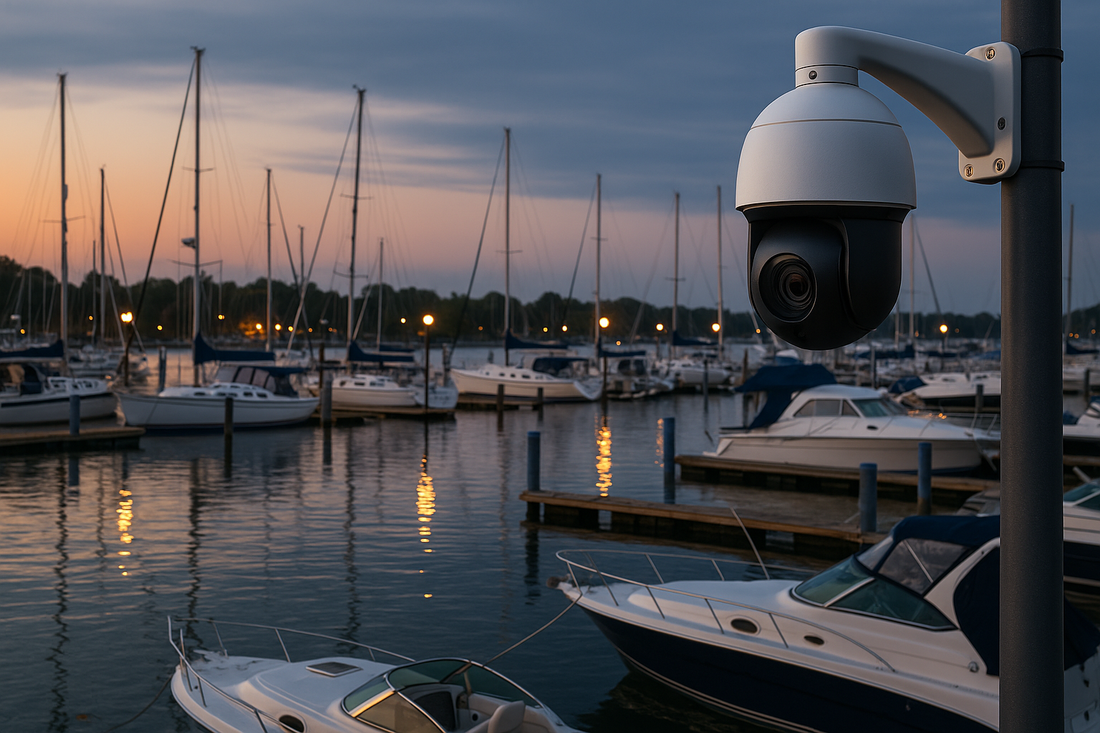 A waterfront marina at dusk with several boats docked, AI surveillance cameras subtly visible on lamp posts