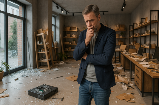 Man standing in a store with desperate look because of the robbery and smashed NVR