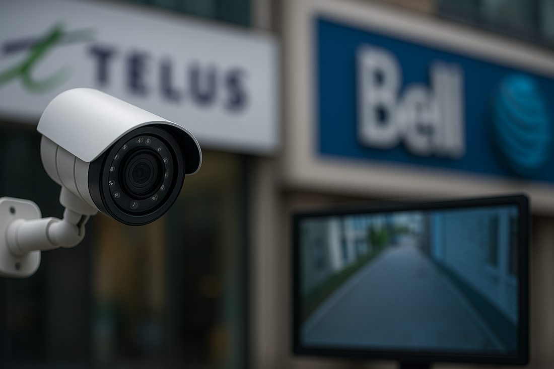 Close-up of a white security camera outside telecom-branded buildings, symbolizing corporate surveillance systems with blurred brand logos and a monitor feed in the foreground.