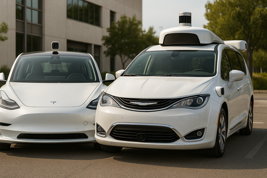 Tesla with camera-based sensors beside Waymo minivan equipped with LIDAR
