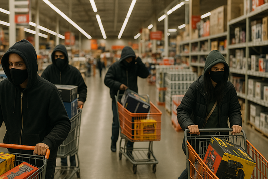 Masked organized retail crime crew in hoodies pushing shopping carts filled with stolen electronics and power tools inside a large warehouse-style retail store.