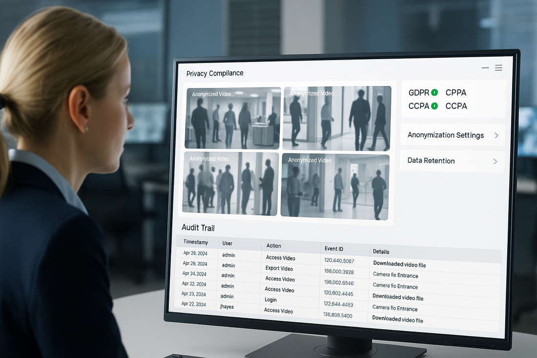 Privacy compliance interface in ArcadianAI Ranger with anonymized video feeds and audit trails