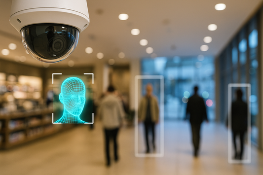 AI-powered dome security camera monitoring a modern retail space with holographic overlays detecting and analyzing people in real time.