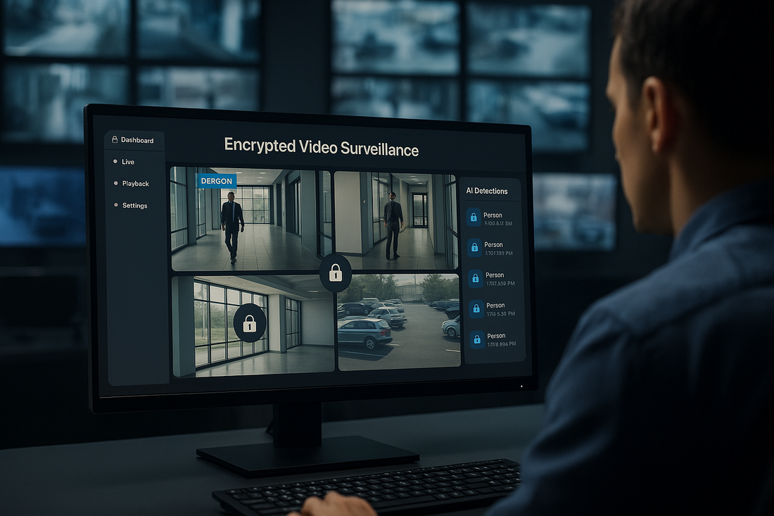 Encrypted video surveillance interface showing AI detections and lock icons