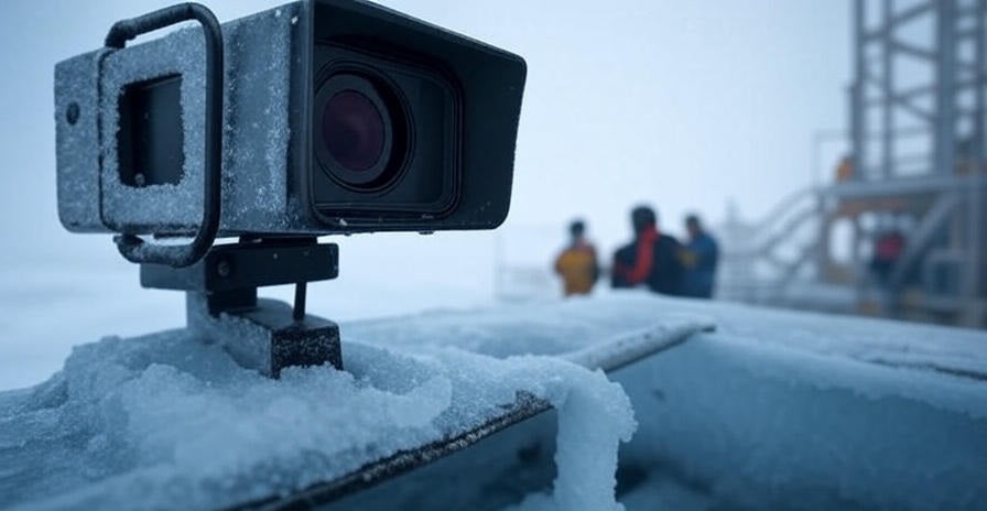 Camera mounted on a snowy surface with people in the background
