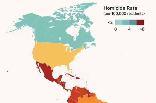 Heatmap of North America showing homicide rates in Canada, the U.S., and Mexico using color gradients from teal (low) to red (high)