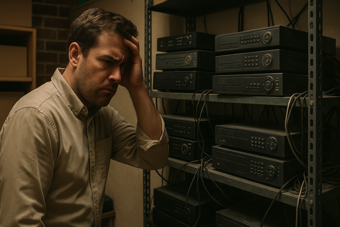 Business owner staring at wall of outdated NVRs