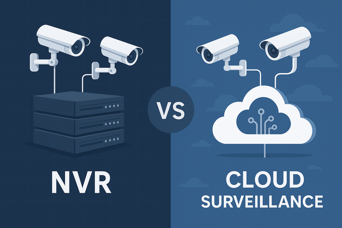 On the left, security cameras connect to stacked NVR hardware representing legacy systems. On the right, identical cameras connect to a cloud icon symbolizing modern VSaaS.