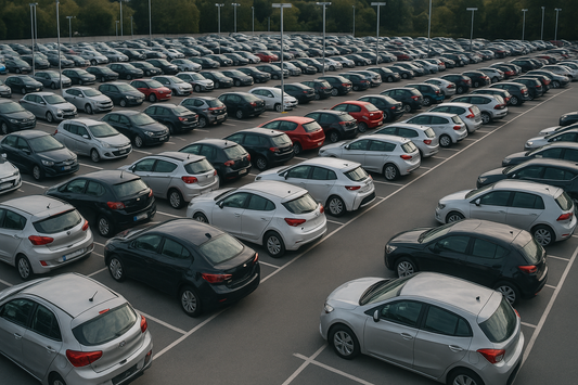 Large outdoor parking lot filled with rows of parked cars under daylight with lampposts and trees in the background.