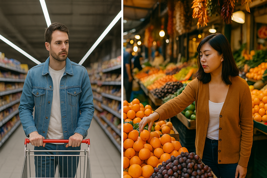 Split-screen image showing two contrasting shopping environments — on the left, a man pushing a cart down a brightly lit supermarket aisle; on the right, a woman selecting oranges at a colorful, open-air produce market.
