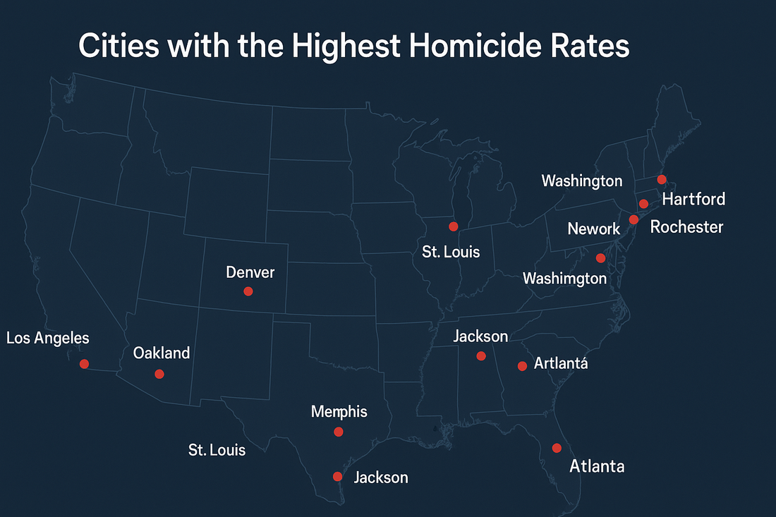 Map of the United States with red dots marking cities with the highest homicide rates, including Jackson, St. Louis, Memphis, Baltimore, Washington D.C., Atlanta, Rochester, Hartford, Denver, Oakland, and Los Angeles.