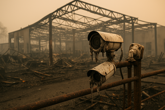 Melted surveillance cameras after wildfire at industrial site
