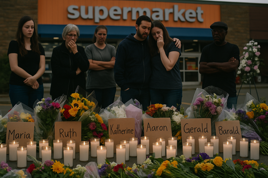 Community grieving victims of mass shooting with floral vigil