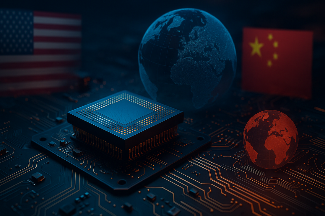 Microprocessor chip on a glowing circuit board with illuminated globes and U.S. and China flags in the background, symbolizing the global Chip War and semiconductor competition.