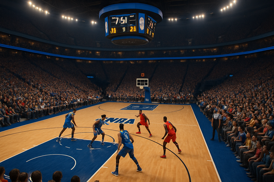 NBA basketball game inside packed arena – realistic, NBA teams battling on court in full basketball arena