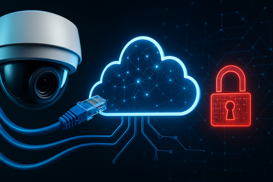 A digital composite image showcases Cloud video surveillance and cybersecurity, featuring a security camera, a glowing blue cloud icon, and a red padlock symbol