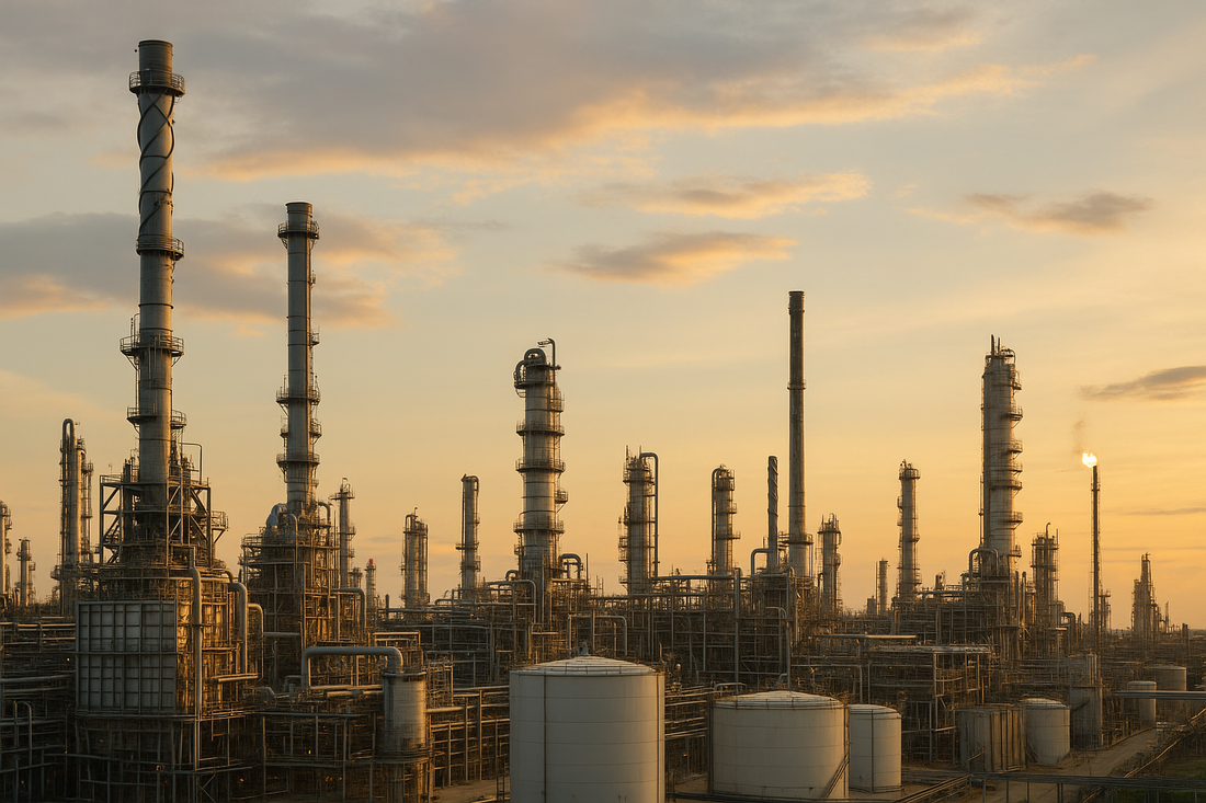 Oil refinery with tall towers and storage tanks against a sunset sky.