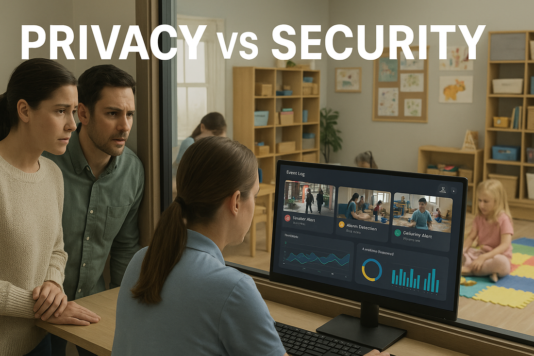 image of a daycare classroom where children play on colorful mats while a staff member monitors an AI-powered security dashboard. Concerned parents watch through a window, symbolizing the balance between privacy and security in surveillance.
