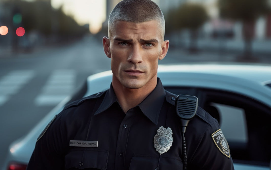Ranger AI security assistant concept – a focused security guard standing in front of a patrol car, symbolizing the partnership between AI surveillance and human guards for enhanced safety and monitoring performance."