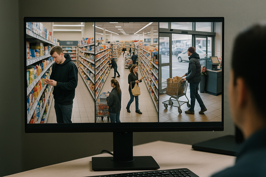 Retail security operator reviewing multiple store surveillance feeds showing suspicious activity in aisles and at store exit